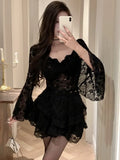 Girlary Y2K Sweet Skirt Sutis Sexy Slash Neck Flare Long Sleeve Lace Short Top + Slim Waist A-Line Mini Skirt Womens Two Pieces Set New