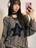 Girlary Grunge Hole T-shirt Women Fashion Star Print Y2k Aesthetic Loose Tees Kpop Fairycore Ripped Tshirt Harajuku Gothic Streetwear