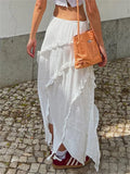 Girlary White Ruffled Patchwork Long Skirt See-Through For Women Split Summer Beach Holiday Maxi Skirt Women's Fashion Y2k Skirt