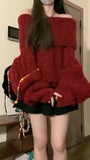 Girlary Women Red Pullover Knitted Sweater Harajuku Y2k Long Sleeves Slash Neck Sweater Jumper Vintage 2000s Aesthetic Clothes 2024