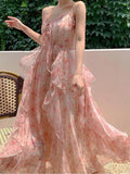 Girlary Summer Pink Floral Ruffle Dress Women French Seaside Holiday Sleeveless Strapless Woman Long Dresses New