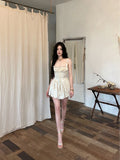 Girlary French Elegant Ballet Style Waist Slimming Suspender Dress for Women Summer New Sweet Lace Splicing A-line Short Dress