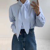 Girlary Korean Chic Spring Retro Standing Neck Bow Design Casual Versatile Long Sleeved Striped Shirt for Women Tops