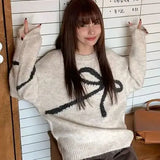 Girlary Knitted Sweater Round Neck Sweater Women Versatile Bow Knot Autumn Winter New Lazy Style Loose Top