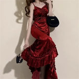 Girlary Winter French Vintage Velvet Long Dress Women Elegant Slim Spaghetti Strap Folds Dress Sexy Casual Evening Party Y2k Dress