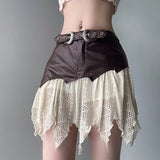 Girlary In American Retro Short Skirt One Piece Lace Patchwork Leather Half Skirt Women's Low Waisted Personalized Belt Pleated Skirt
