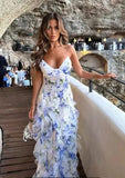 Girlary Spring and Summer New Shoulder Women's Fashion Chiffon Print Long Elegant Evening Dress