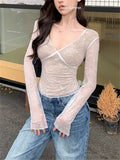 Girlary Spring Slim Tees High Waist V-Neck Spring Florals Lace New Hot Girls 2024 Office Lady Full Sleeve Casual Party T-Shirts