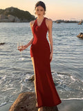 Girlary Sexy Red Halter Womens Dresses Elegant Backless V-Neck Bodycon Wedding Evening Party Long Dress Summer Spring Slim Vestidos New