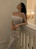 Girlary Sexy Sequined Bodycon Runway Party Dress Sleeveless Fur Feather Patchwork Robe Women Spring Summer Prom Club Clothes Mujers