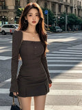 Girlary Autumn New Dress Women's Solid Color Square Collar Single Breasted Butt Hugging Short Dresses Female Clothing