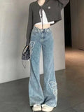 Girlary Vintge Embroidery Butterfly Flare Pants Y2k E-Girl High Waist Bell Bottom Jeans Summer New Straight Wide Leg