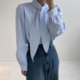 Girlary Korean Chic Spring Retro Standing Neck Bow Design Casual Versatile Long Sleeved Striped Shirt for Women Tops