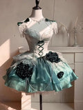 Girlary Japan Elegant Noble Amber Green Short Jsk Dress Flower Wedding Birthday Dress Heavy Industry Trailing Princess Skirt Lolita