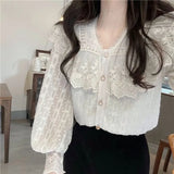 Girlary Vintage French Women Shirts Lace Lolita Elegant Long Sleeve Flounce Blouse High Quality Office Lady Chic Female Tops