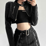 Girlary Goth Dark Zipper Cyber Gothic Y2k Crop Jackets Grunge Punk Style Faux Leather Coats Female Fashion Streetwear Irregular Hem Coat