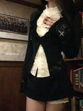 Girlary Japanese Gothic Knitted Cardigan Women Y2k Harajuku Long Sleeve White Shirt V-neck Hollowed Out Sexy Black Cardigan Top