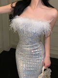 Girlary Sexy Sequined Bodycon Runway Party Dress Sleeveless Fur Feather Patchwork Robe Women Spring Summer Prom Club Clothes Mujers