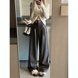 Girlary Design Sense High Waisted PU Leather Straight Leg Wide Leg Pants Women's Autumn New Style Slimming and Floor Dragging Pants