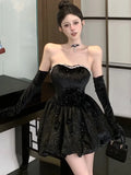 Girlary Sexy Black Velvet Womens Dresses Y2K Strapless Birthday Party Mini Dress Korean Slim Waist A-Line Short Vestidos Female Clothing