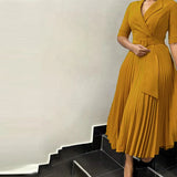 Girlary Office Sexy V-neck Long Sleeve Party Dress 2025 Women Casual Long Sleeve Solid Long Dress Elegant Commuter Pleated Maxi Dresses