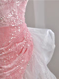 Girlary Luxury Pink Evening Dress Off Shoulder Strapless Sequins Ruffles Slim Fit Banquet Dresses Chic Wedding Party Gowns