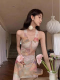 Girlary Summer New French Retro Green Print Elegant V Neck Backless Dress For Women Sexy Club Holiday Slim Long Dress