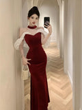 Girlary Sexy Off Shoulder Evening Party Dress French Elegant Bodycon Velvet Sleeveless Vestidos Robe Women Mesh Patchwork Clothes Summer