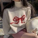 Girlary Soft Waxy Sweet Age-reducing Bow Japanese Round Neck Sweater Women's Autumn and Winter Loose Lazy Wind Hooded Thick Sweater Top