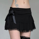 Girlary Goth Dark Y2k Bow Lace Trim A-line Party Mini Skirts Mall Gothic Ruffles Low Waist Black Skirt Women Lolita Fashion Streetwear