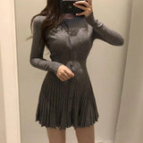 Girlary Knitted Pleated Mini Dress Women Vintage Black Sweater Dresses Winter Korean Elegant Long Sleeve Pink Bodycon Vestidos New