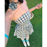 Girlary Plaid Retro Slim Fit Dress Y2K Summer Sleeveless Off Shoulder Flower Tank Dresses Sweet Street Style Print MIni Dress