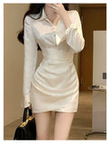 Girlary Spring Elegant Satin Dress Women France Button Designer Party Mini Dress Female Korean High Waist Solid Casual Slim Dress