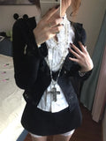 Girlary Japanese Gothic Knitted Cardigan Women Y2k Harajuku Long Sleeve White Shirt V-neck Hollowed Out Sexy Black Cardigan Top