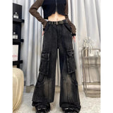 Girlary Women's Black Gothic Cargo Jeans Vintage Korean 90s Aesthetic Y2k Denim Trousers Harajuku High Waist Cowboy Pants 2000s Clothes