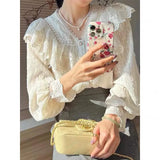 Girlary Vintage French Women Shirts Lace Lolita Elegant Long Sleeve Flounce Blouse High Quality Office Lady Chic Female Tops