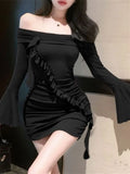 Girlary Mini Dresses Women Elegant Diagonal Collar Slim Flare Long Sleeve Ruffles Sexy Ruched Party Dress Ladies Clubwear