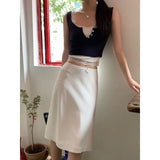 Girlary Elegant White Women Satin Skirt Fairycore Ruffle Mid Skirts Coquette A-line Basic Casual Korean Style Summer Silk Skirt