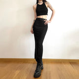 Girlary Y2K Black Long Skirts Women Harajuku Sexy Mesh Patchwork Wrap Skirt Summer Gothic Korean High Waist Slim A Line Faldas New