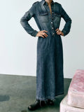 Girlary Spring and Autumn Long Midi Blue  Denim Dress Spring and Autumn Women's Wear Classic Simple Dress Fashion Casual Long Dress