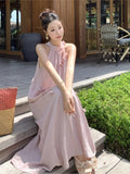 Girlary Summer New Elegant Flower Neck Pleated A-Line Loose Dress