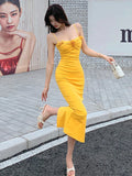 Girlary Tight Fitting Buttocks Elastic Waist Yellow Suspender Dress Women's Summer Vacation Style Long Dress New