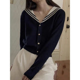 Girlary Vintage Sailor Collar Women Cardigan Preppy Basic Sweater Korean Style Spring Knitwear White Jumper Japanese Aesthetic