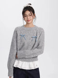 Girlary Autumn Winter New Long Sleeve Bow Sweater Women Fashion All-match Sweater Female Casual Versatile O-neck Knitting Tops