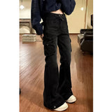 Girlary Women Black Gothic Cargo Flare Jeans Emo 2000s Vintage High Waist Baggy Denim Trousers Y2k Harajuku 90s Aesthetic Pants Clothes