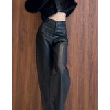 Girlary Autumn New Korean Design High End Straight Leg Pants Look Thin Black High Waist Wide Leg Leather Pants Female Clothing