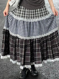 Girlary Vintage Harajuku Lace Plaid Skirt Women Preppy Style Long Skirts Autumn Winter Streetwear Retro A-line Ruffle Skirts