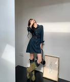 Girlary Blue Elegant Polo Female Denim Dress Slim Waist Vintage Single Breasted Fashion Streetwear Fashion Solid Color Dresses