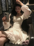 Girlary Elegant Lace Patchwork Mini Dress for Women Square Collar Long Sleeves Princess Birthday Evening Dresses A-Line Short Vestidos