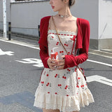 Girlary 2024 New Red Casual Crop Tops Cardigan Sweet Lace Y2k Mini Dress Party Sexy Strap Dress Korean Fashion Suit Woman Autumn Chic